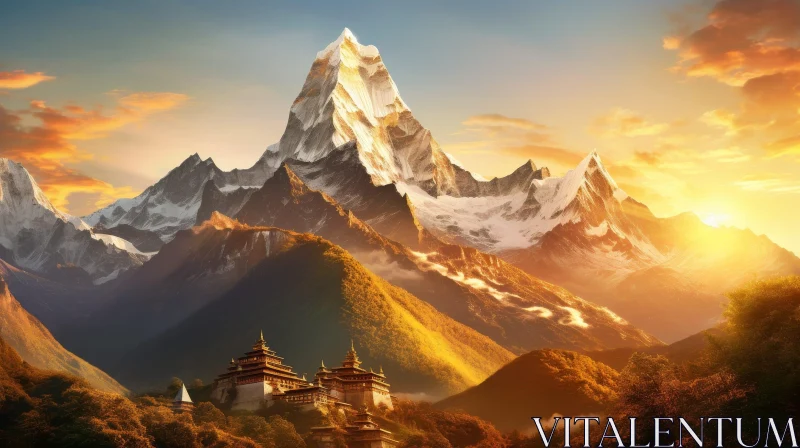 AI ART Golden Sunset over Snow-Capped Mountain Landscape