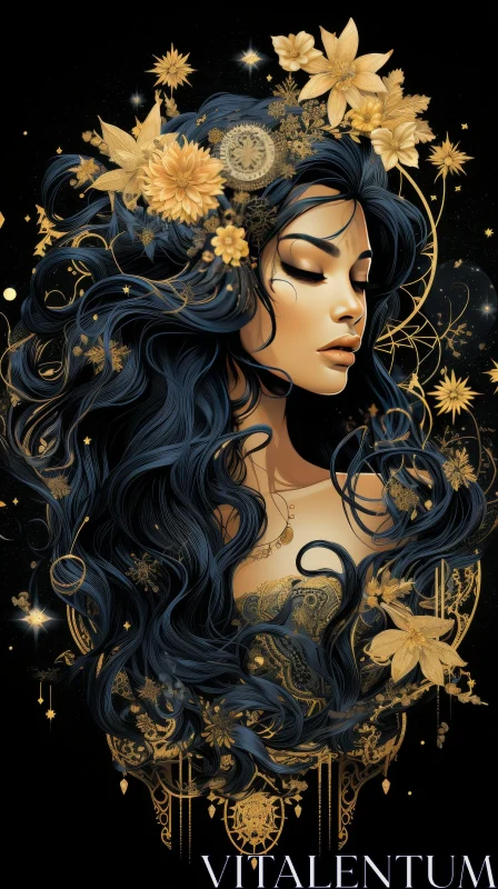 Golden Woman Portrait with Celestial Background AI Image