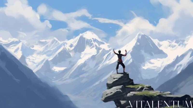Man Standing on Rock in Mountains - Digital Painting AI Image