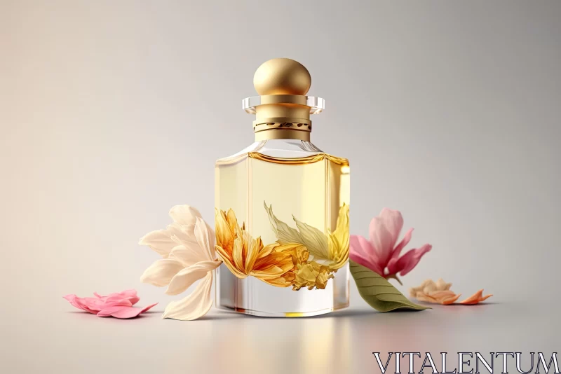 Meticulously Detailed Still Life of Perfume Bottle with Flower Design AI Image