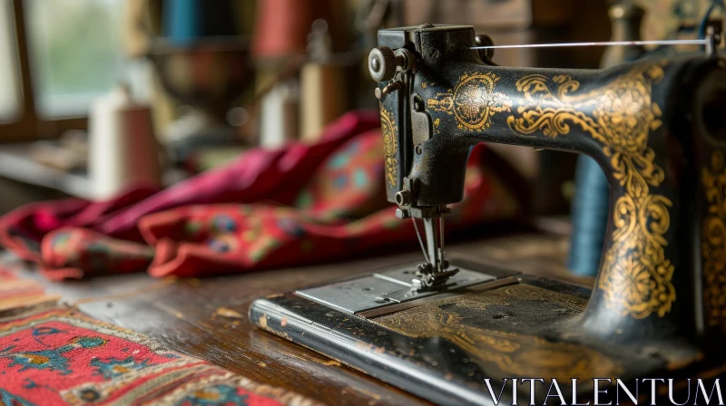 Vintage Sewing Machine on Wooden Table: A Captivating Artistic Capture AI Image