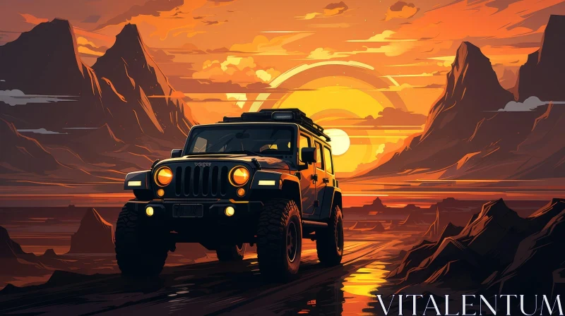 AI ART Black Jeep Wrangler Rubicon Driving in Desert at Sunset