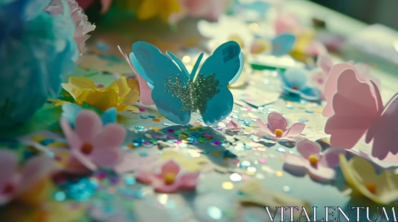 Blue Paper Butterfly on Table with Confetti and Paper Flowers AI Image