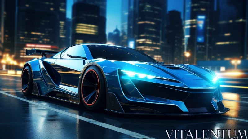 Blue Sports Car Night Drive in City with Reflective Body AI Image