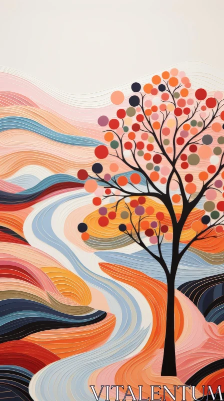 Colorful Tree Digital Painting with River AI Image