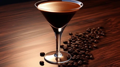 Dark Brown Liquid in Martini Glass on Wooden Table