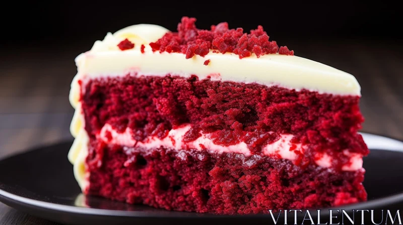 Delicious Red Velvet Cake with Cream Cheese Frosting on Black Plate AI Image