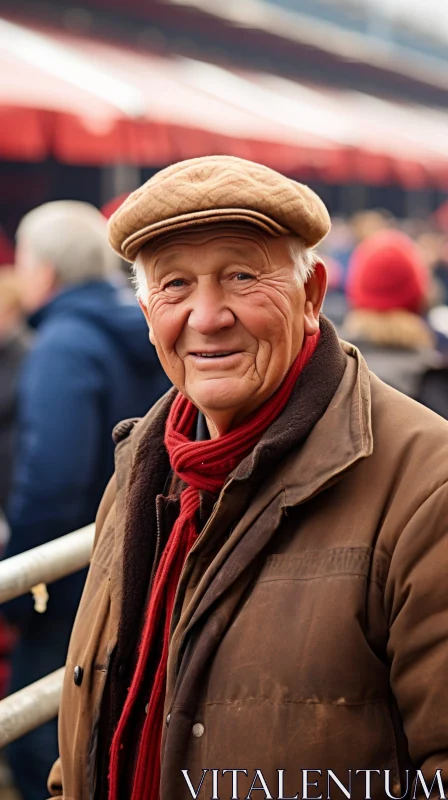Elderly Man in Brown Hat and Red Scarf at Horse Racing Track AI Image