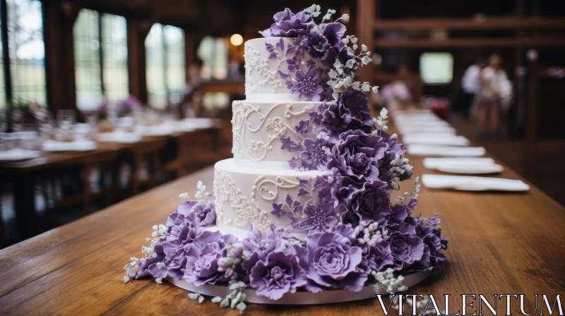 Elegant Wedding Cake with Purple Flowers AI Image