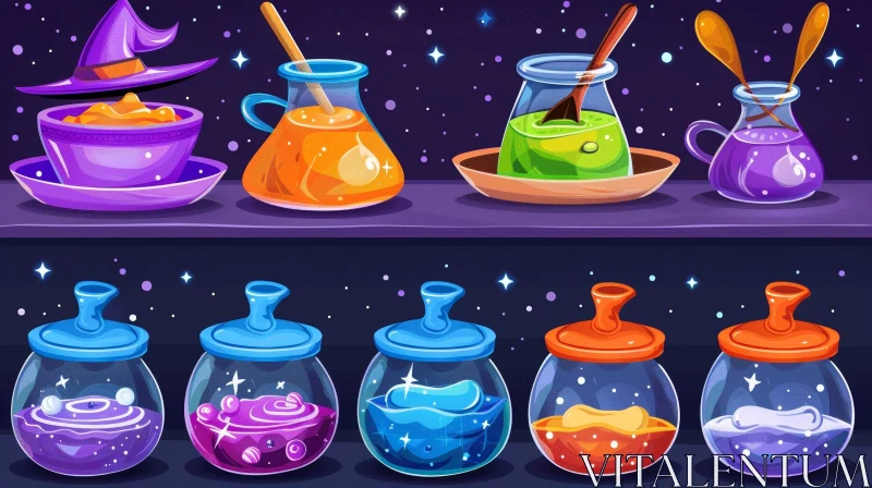 Enchanting Magic Potions Illustrations in Glass Jars AI Image