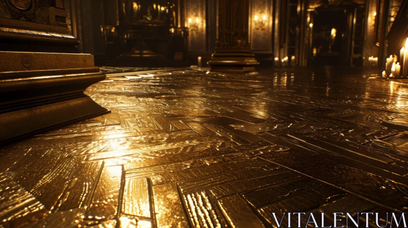 Golden Floor: A Captivating 3D Rendering of Reflective Wooden Planks AI Image