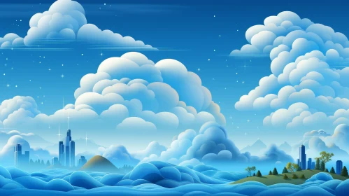 Peaceful Cartoon Landscape with City and Mountains