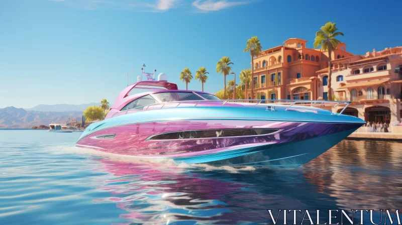 Pink and Blue Speedboat in Marina AI Image