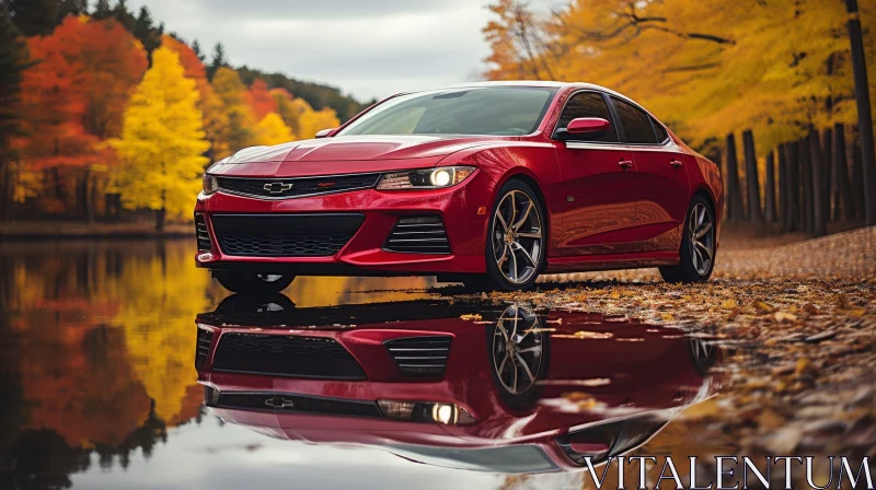 Red Chevrolet Camaro by Lake - Autumn Trees Reflection AI Image