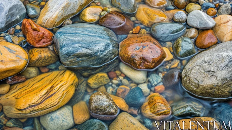 Tranquil Beauty: Multicolored Wet Stones in a Shallow River AI Image