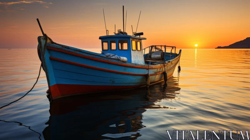AI ART Tranquil Fishing Boat Scene at Sunset