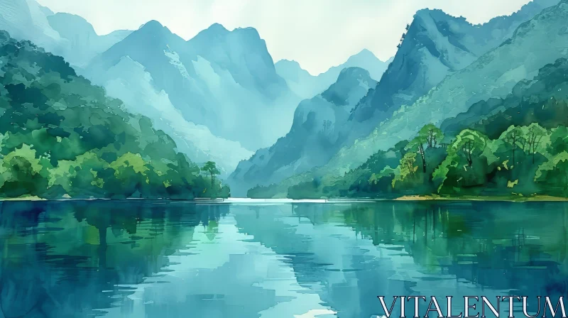 Tranquil Lake and Mountains Landscape Painting AI Image