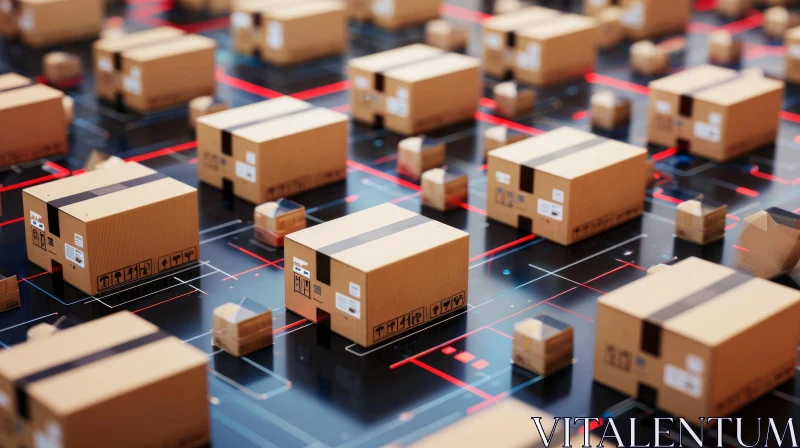 Captivating Composition of Cardboard Boxes on Black Surface with Red Glowing Lines AI Image