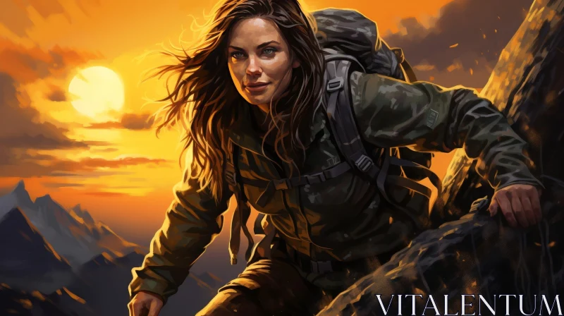 Courageous Young Woman Climbing Mountain at Sunset AI Image