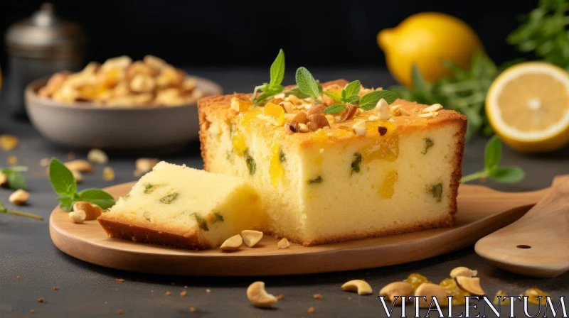 Delicious Lemon Cake with Nuts on Wooden Board AI Image