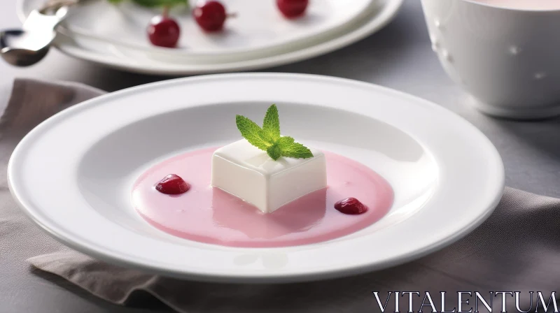 Delicious Panna Cotta Dessert with Mint and Cherries AI Image