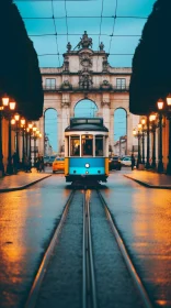 Exploring Lisbon: Blue and Yellow Tram Passing Through Archway