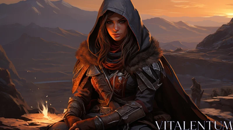 Female Warrior in Dark Fantasy Setting AI Image