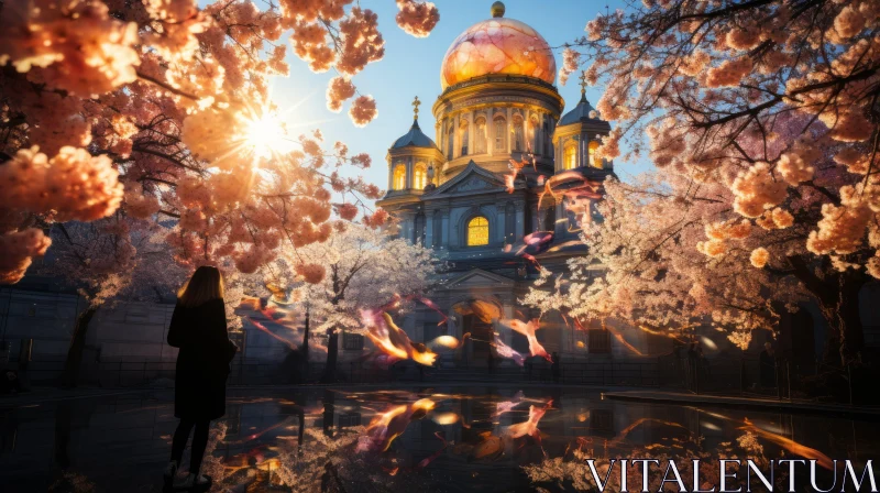 Girl Under Cherry Blossoms Near Church - A Serene Cityscape AI Image