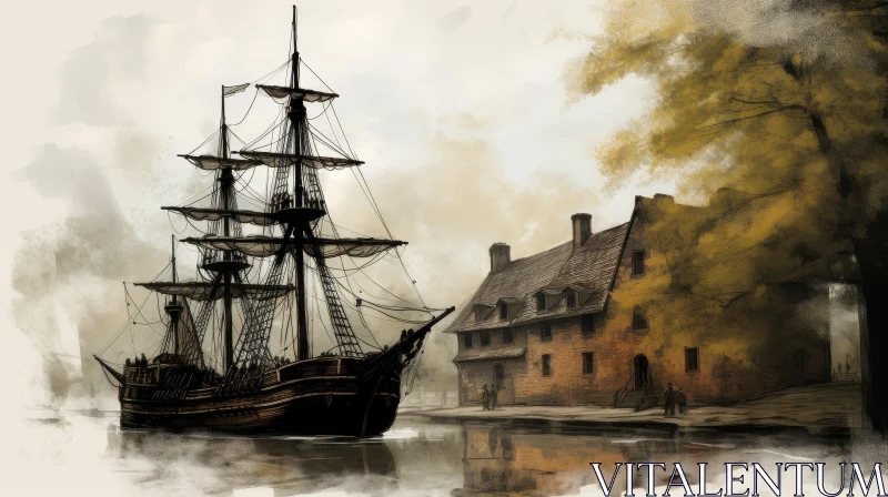 Historical Painting of Wooden Sailing Ship in Small Town AI Image