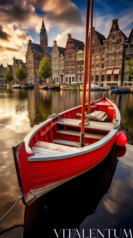 Red Boat on Amsterdam Canal AI Image