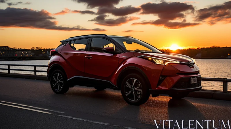 Red Toyota C-HR Compact SUV by Lake | Vehicle on Paved Road AI Image