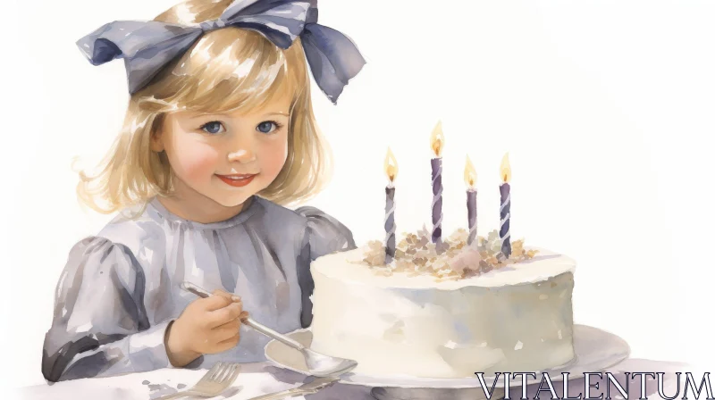 Sweet Watercolor Painting of a Girl with Cake AI Image