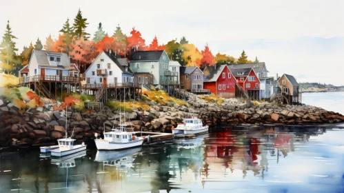 Tranquil Coastal Village Watercolor Painting