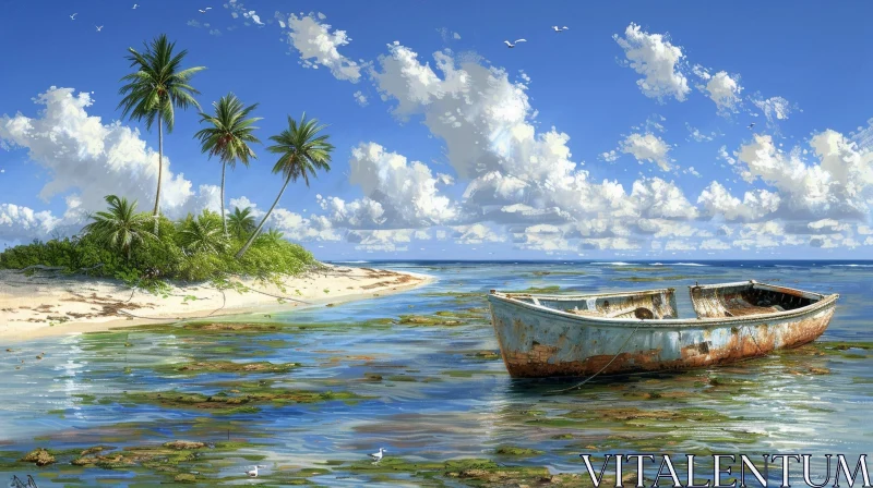 AI ART Tranquil Seascape with Old Boat and Palm Tree-Covered Island