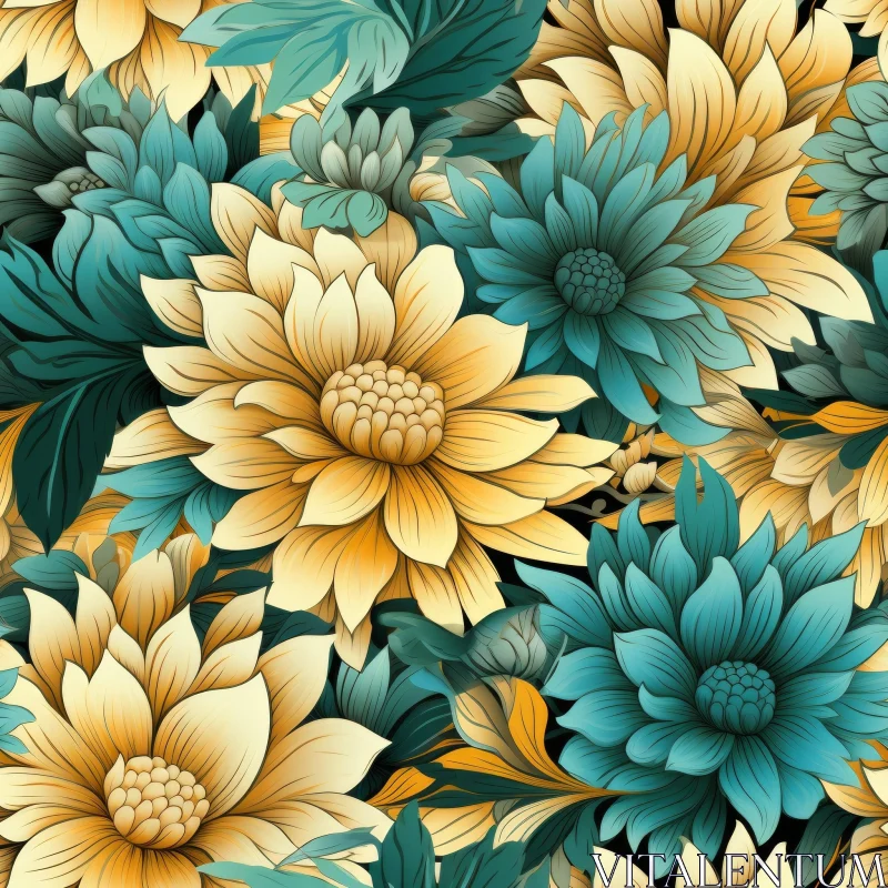 AI ART Vintage Floral Chrysanthemum Pattern in Yellow and Blue