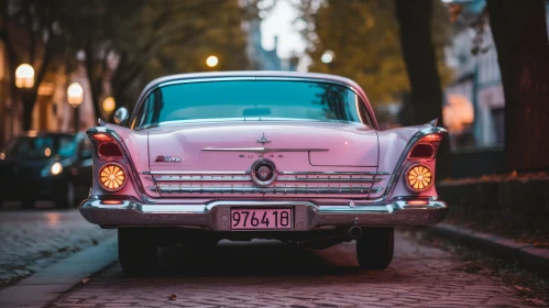 Vintage Pink Car on Cobblestone Street