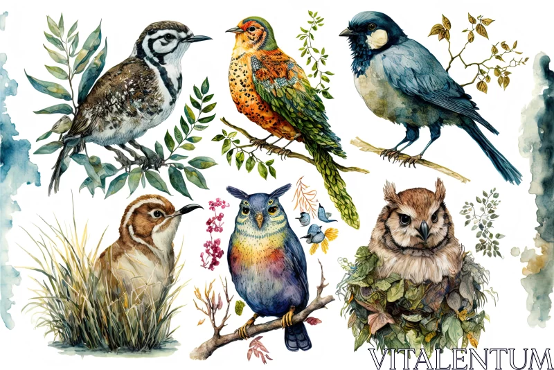 Watercolor Bird Illustrations | Detailed Flora and Fauna | Prairiecore AI Image