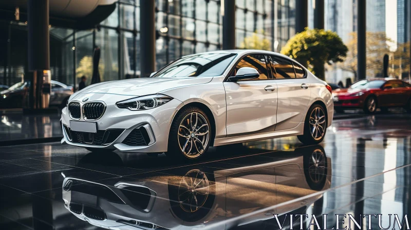 White BMW 2 Series Gran Coupe in Front of Modern Glass Building AI Image