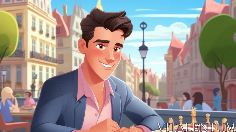 Young Man Playing Chess Outdoors AI Image