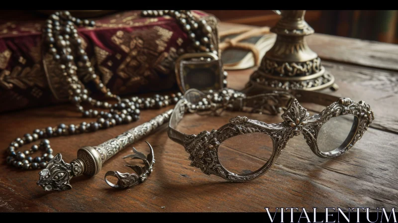 AI ART Antique Silver Glasses and Magnifying Glass on Wooden Table