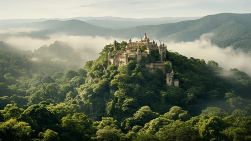 Castle on Hill Landscape with Mountains and Trees
