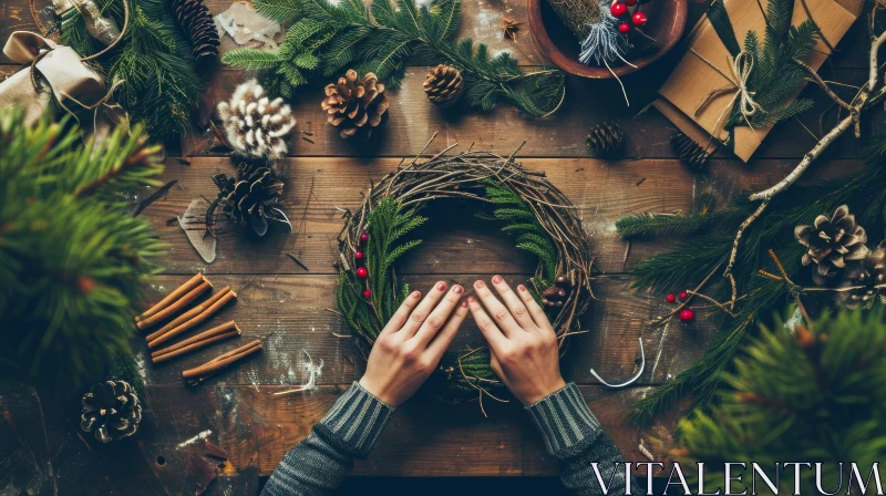 Christmas Wreath Making: Twigs, Pine Cones, Berries, and Cinnamon Sticks AI Image