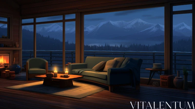 AI ART Cozy Living Room with Snow-Capped Mountain View