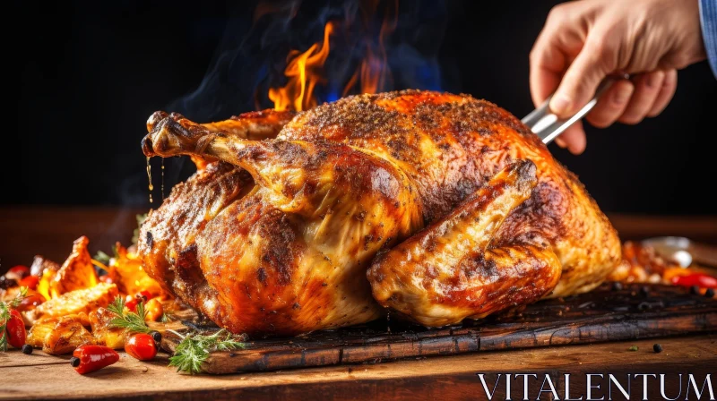 Delicious Roasted Chicken on Wooden Cutting Board AI Image