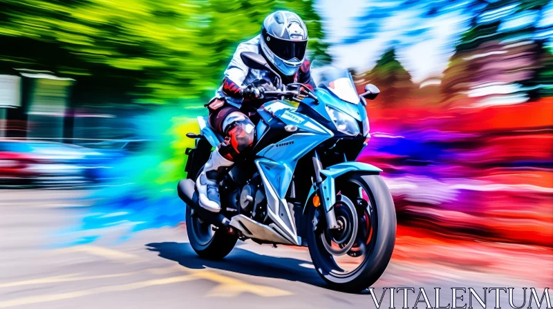 Dynamic Motorcyclist Riding Blue Sport Bike in Colorful Tunnel AI Image