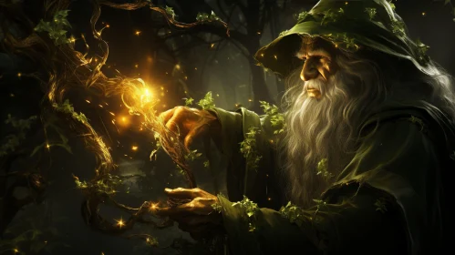 Enchanting Wizard in Dark Forest with Yellow Crystal