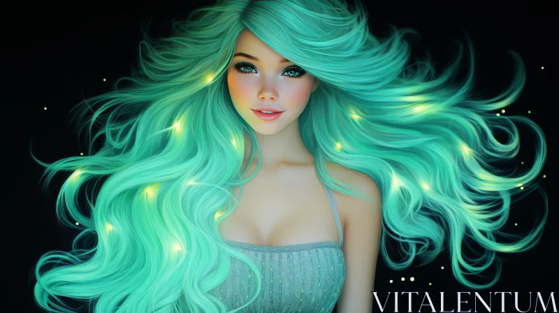 Enchanting Woman Portrait with Green Hair and Glowing Lights AI Image