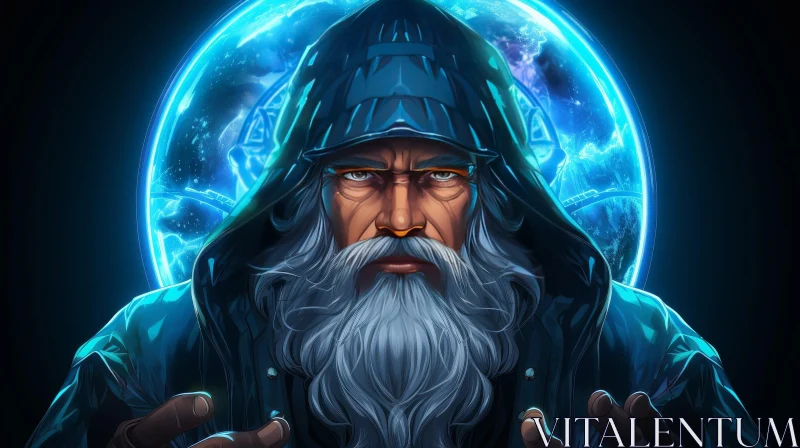 Enigmatic Wizard in Blue Robe | Digital Fantasy Art AI Image