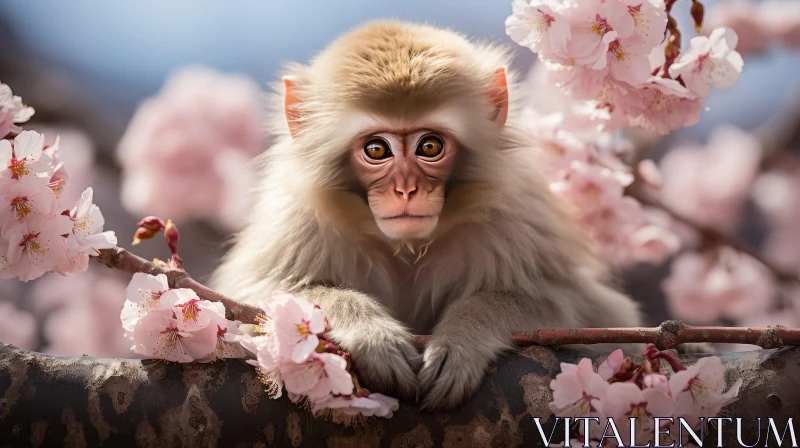 AI ART Japanese Macaque Portrait on Cherry Tree Branch