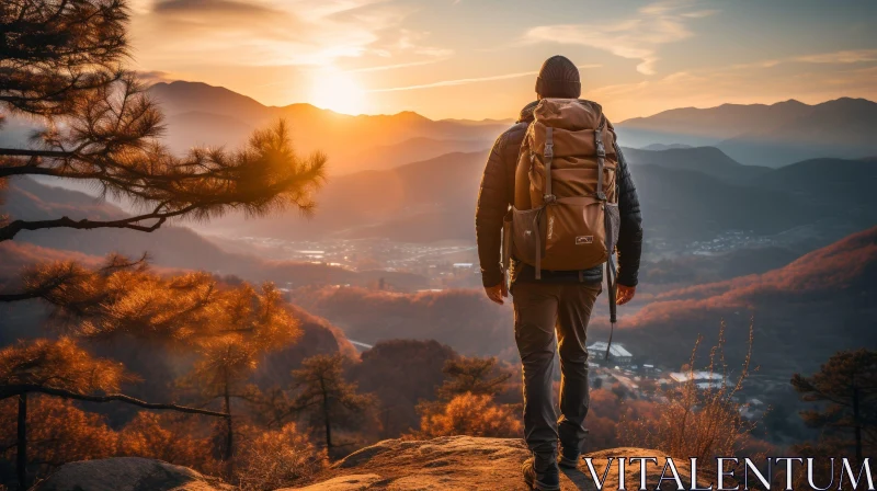 Man on Rock: Mountain Sunset View AI Image
